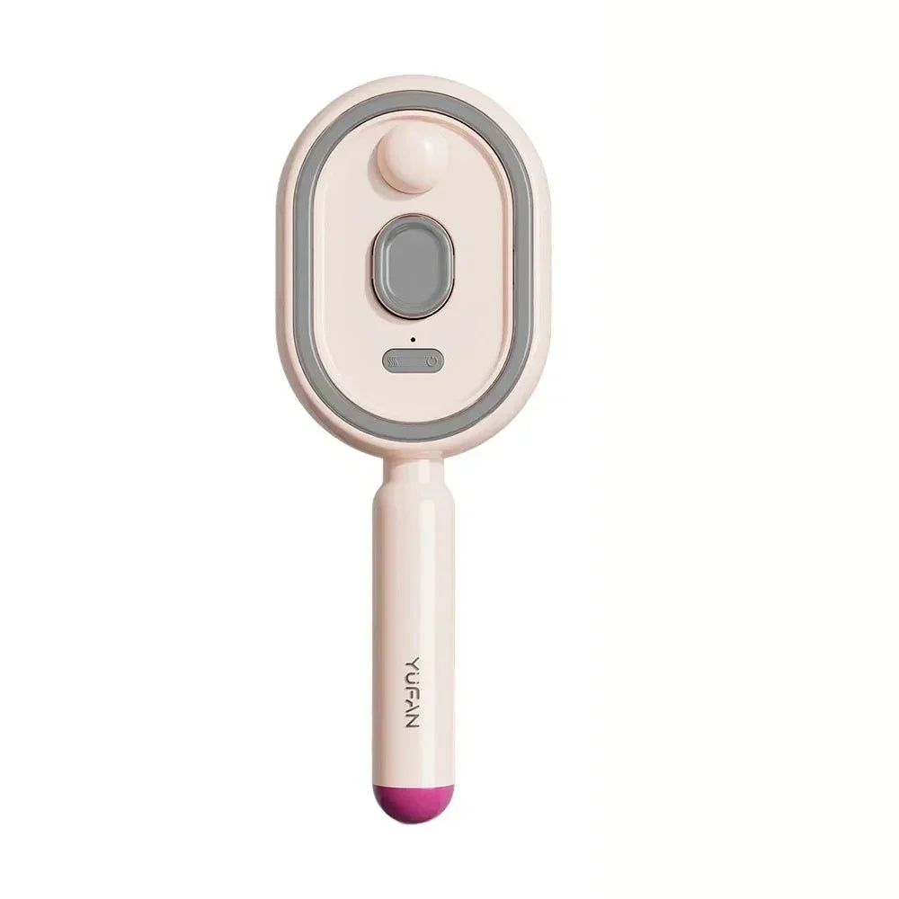 Pink and white handheld electronic device with oval head and grey control button, modern design