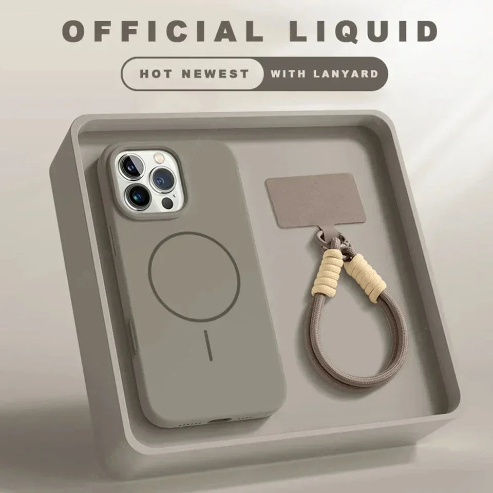 Matte beige silicone phone case with lanyard and MagSafe compatibility in tray display