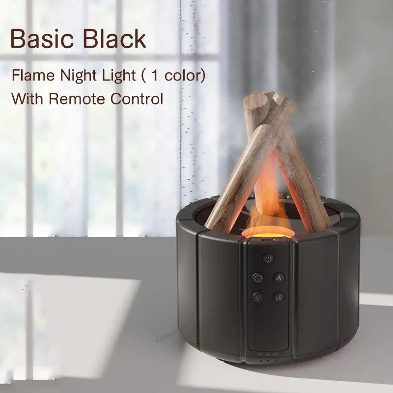 Black cylindrical flame night light with remote control and faux wood logs, modern design