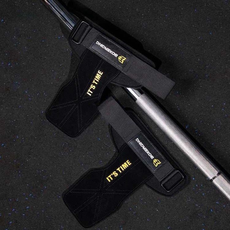 Black neoprene weightlifting wrist straps with yellow &