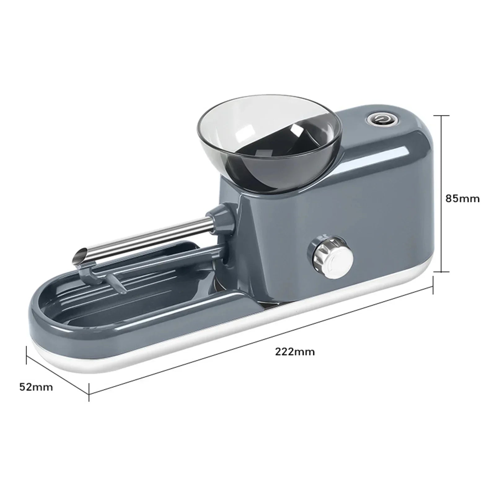 Modern gray automatic pet feeder with transparent bowl, compact rectangular design
