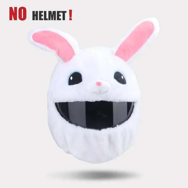 White plush bunny helmet cover with pink ears, soft faux fur, and a large visor opening.