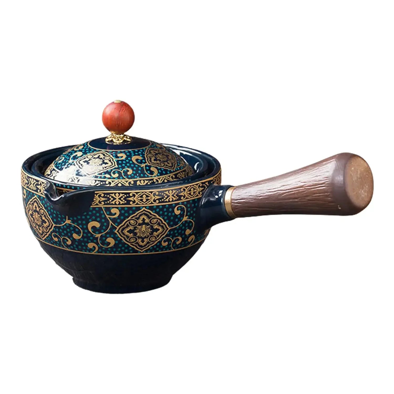 Ornate ceramic saucepan with blue and gold patterns, wooden handle, and matching lid