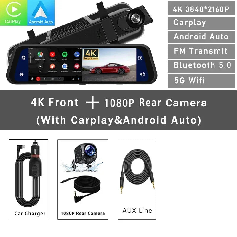 Smart rearview mirror dash cam with 4K front and 1080P rear camera, car charger, AUX cable