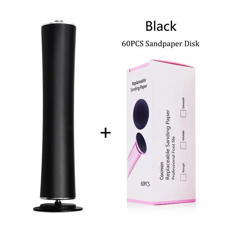 Black cylindrical electric foot file with replaceable sanding paper disks, 60-piece set
