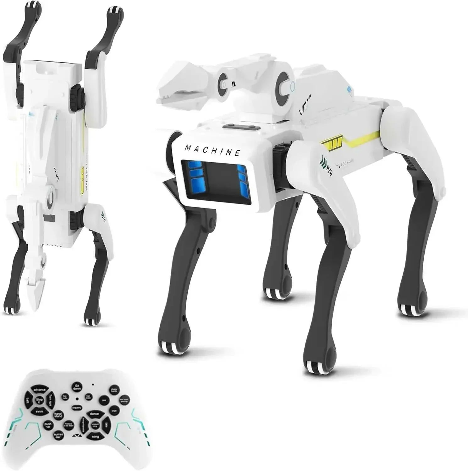 White and black robotic dog toy with remote control, futuristic tech design, hard plastic material.