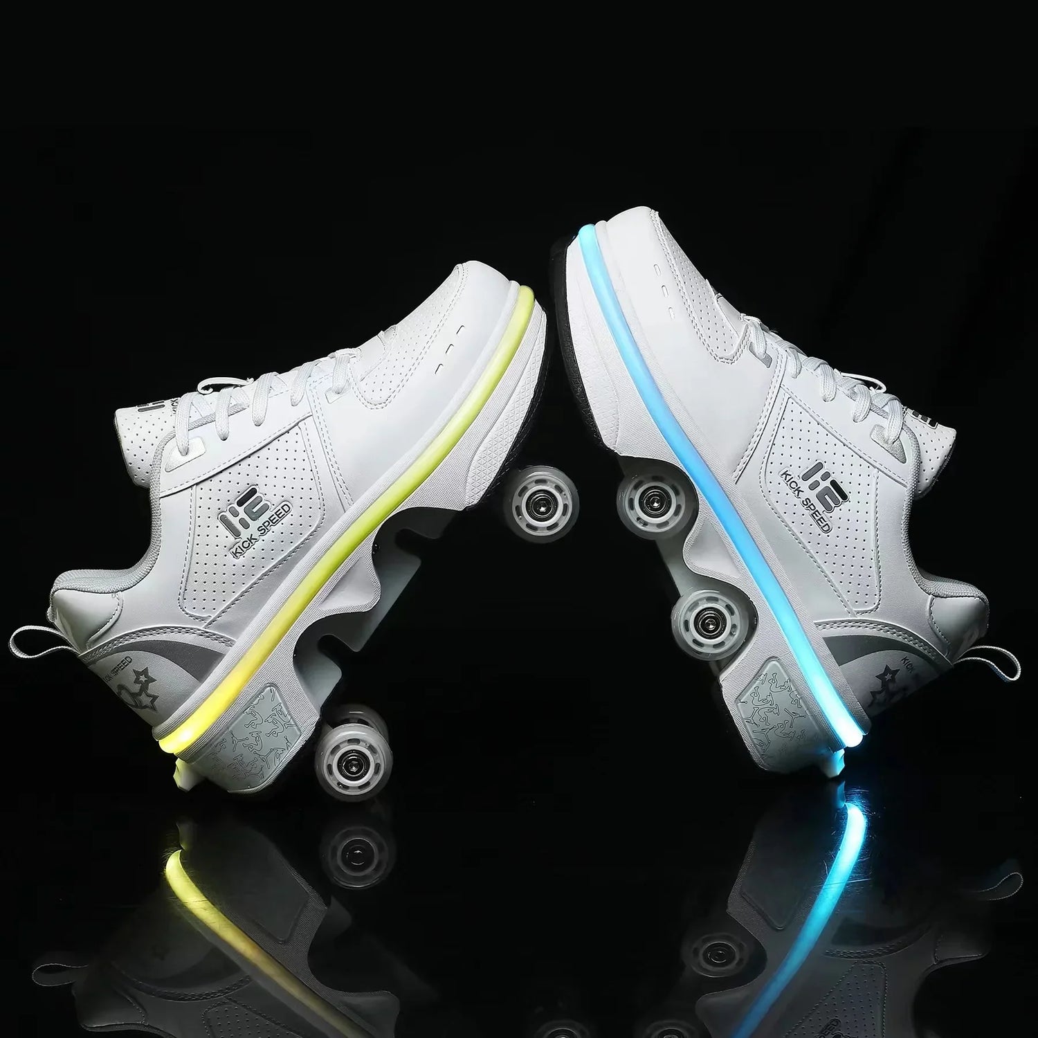 White roller skate sneakers with LED light sole and lace-up design on black background