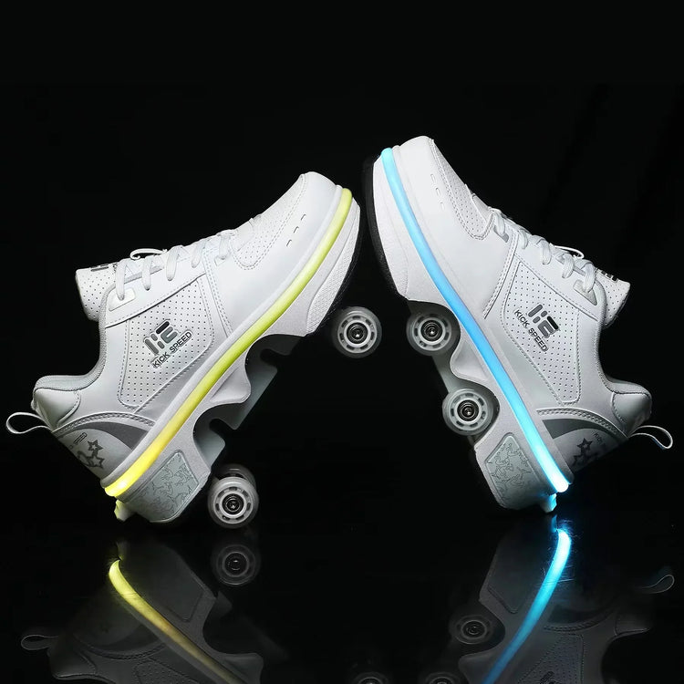 White roller skate sneakers with LED light sole and lace-up design on black background
