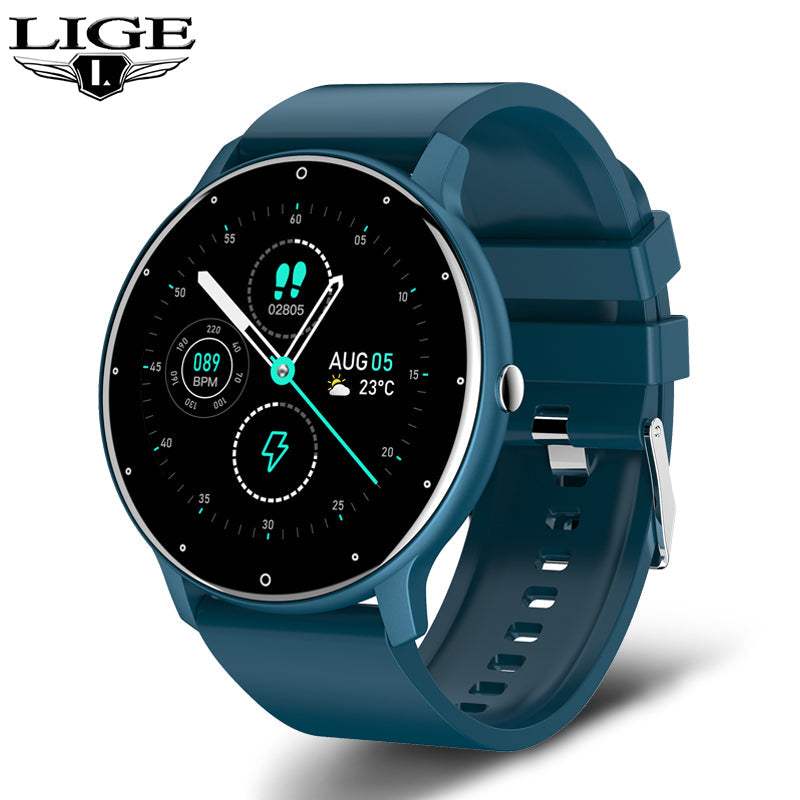 Lige Smartwatch with round touchscreen, blue silicone strap, fitness tracking and health monitoring features