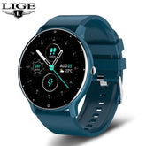 Lige Smartwatch with round touchscreen, blue silicone strap, fitness tracking and health monitoring features