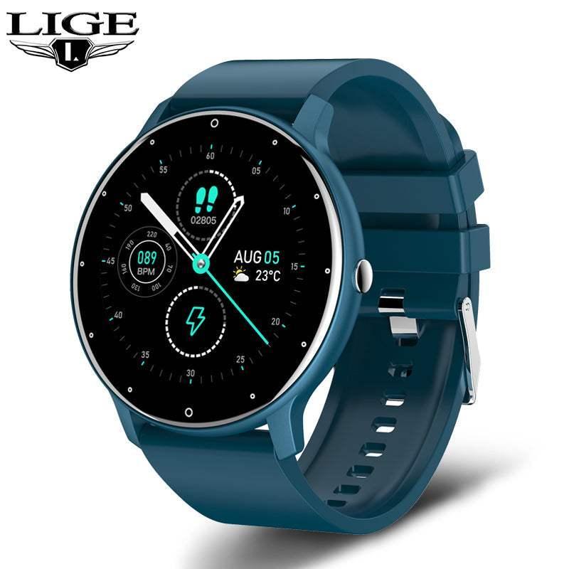 Modern blue silicone band smartwatch with round face and digital display features