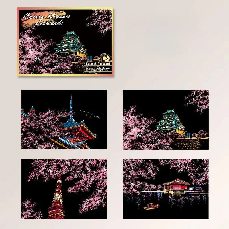 Set of scratch-off postcards featuring cherry blossom night scenes with traditional Japanese architecture, vivid pink and black color contrast.