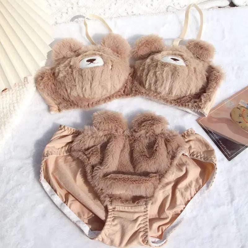 Cute brown fuzzy bear-themed lingerie set with plush material and playful design