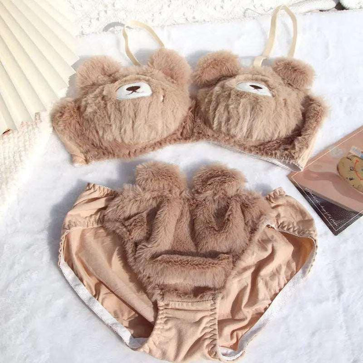 Cute brown fuzzy bear-themed lingerie set with plush material and playful design