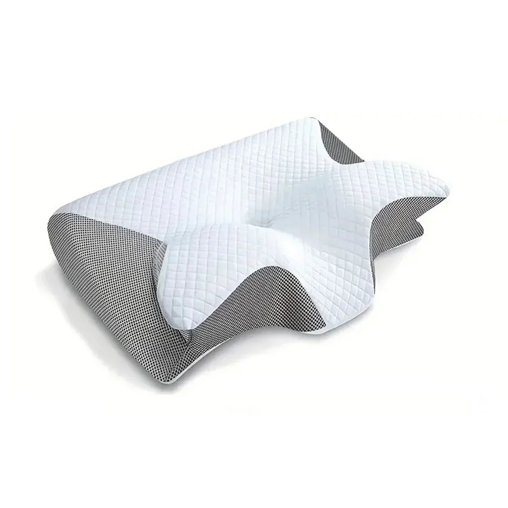 Orthopedic memory foam pillow with ergonomic design, white quilted cover, and grey mesh sides.