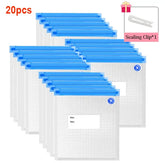 Set of 20 reusable transparent food storage bags with blue zip lock tops and a sealing clip