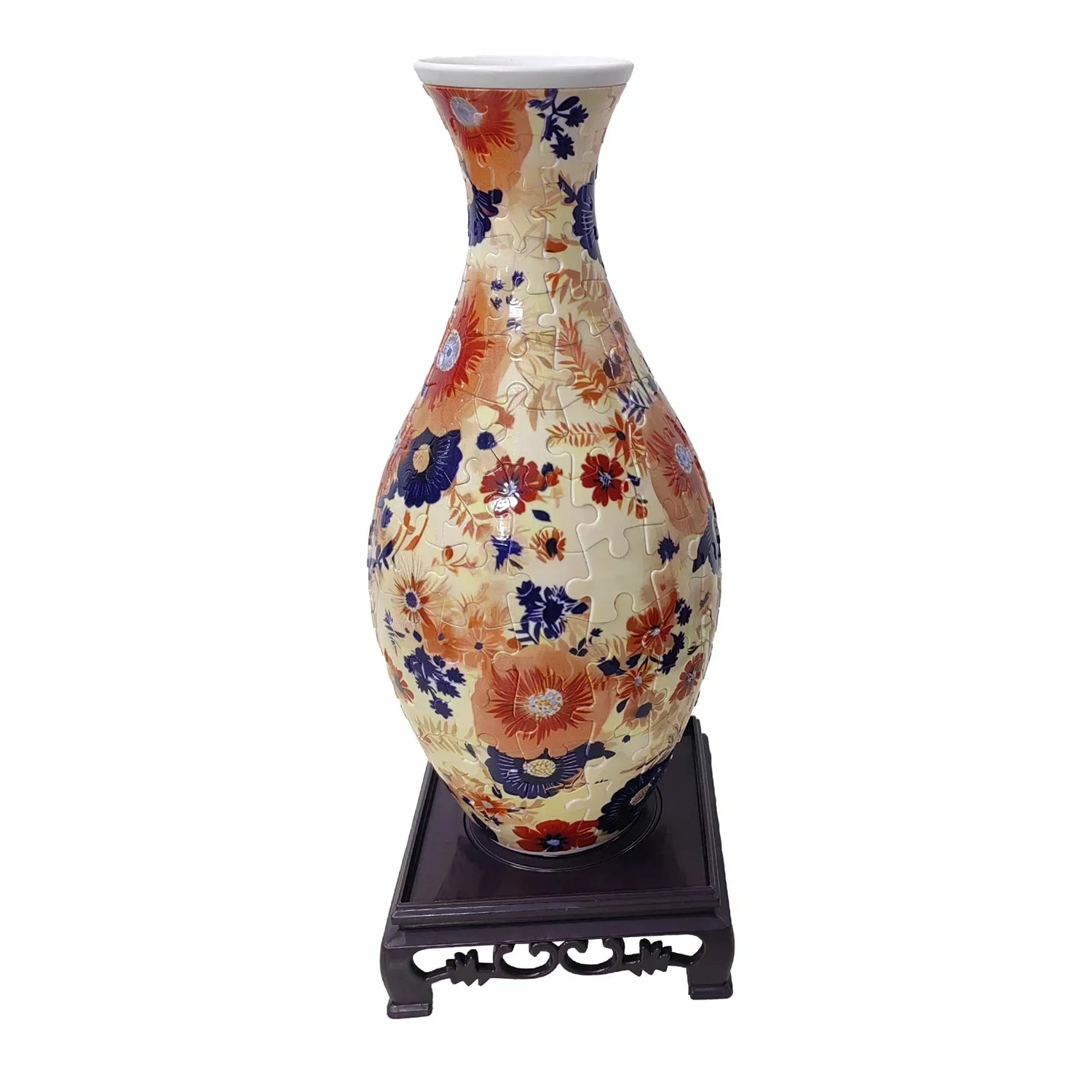 Tall ceramic vase with red, orange, and blue floral pattern, displayed on wooden stand