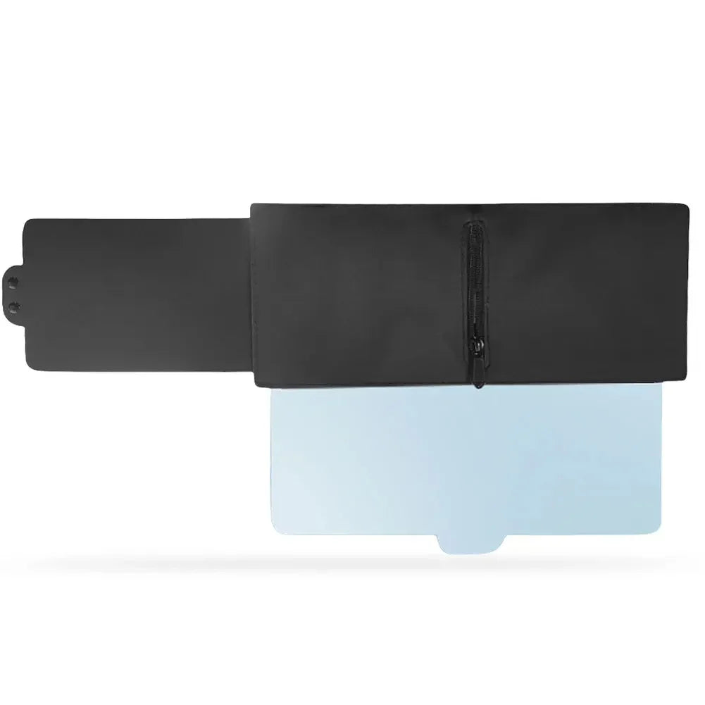 Black rectangular tech accessory pouch with zipper and light blue transparent panel