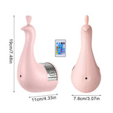Pink duck-shaped gadget with silver accents, remote control, modern minimalist design