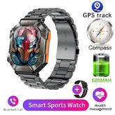 Futuristic black metal smartwatch with robot-themed display, metal band, and tech features.