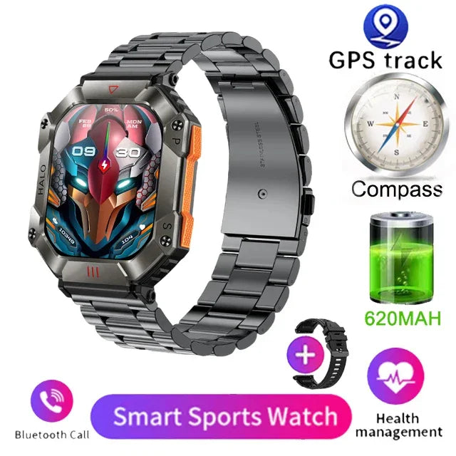 Futuristic black metal smartwatch with robot-themed display, metal band, and tech features.