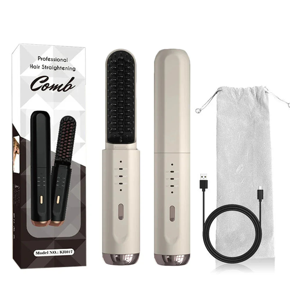 Beige hair straightening comb with sleek matte finish, USB cable, storage pouch, and retail box