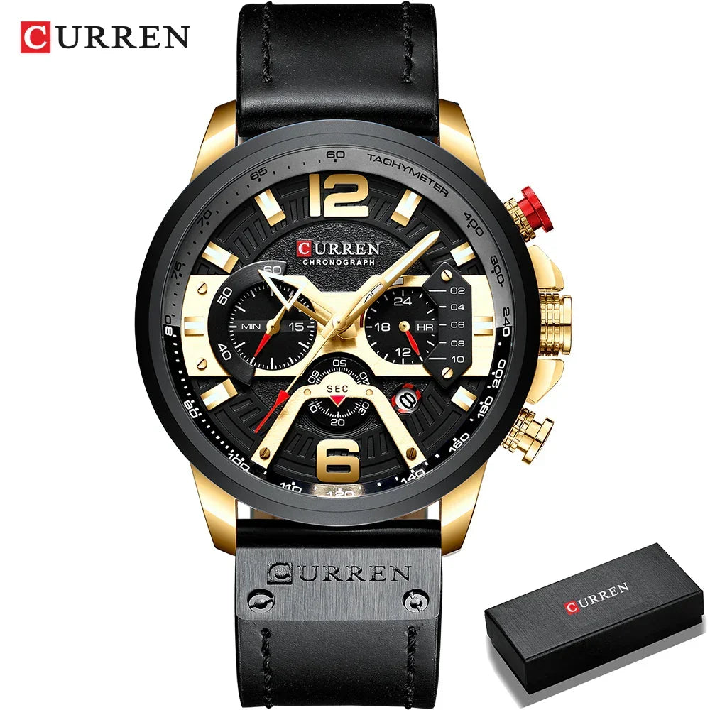 Men's black and gold chronograph wristwatch with leather strap and multi-function dial