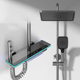 Modern black and silver rain shower set with digital controls and square showerheads