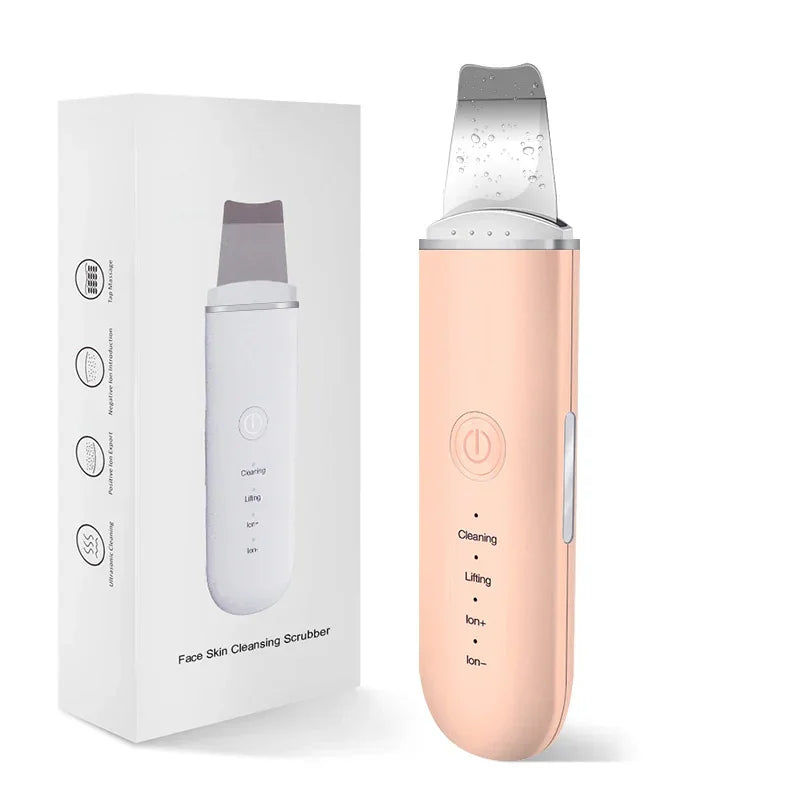Peach-colored ultrasonic face skin cleansing scrubber with box, sleek ergonomic design