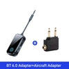 Black BT 6.0 wireless audio adapter with 3.5mm jack and aircraft adapter, sleek tech accessory for streaming audio
