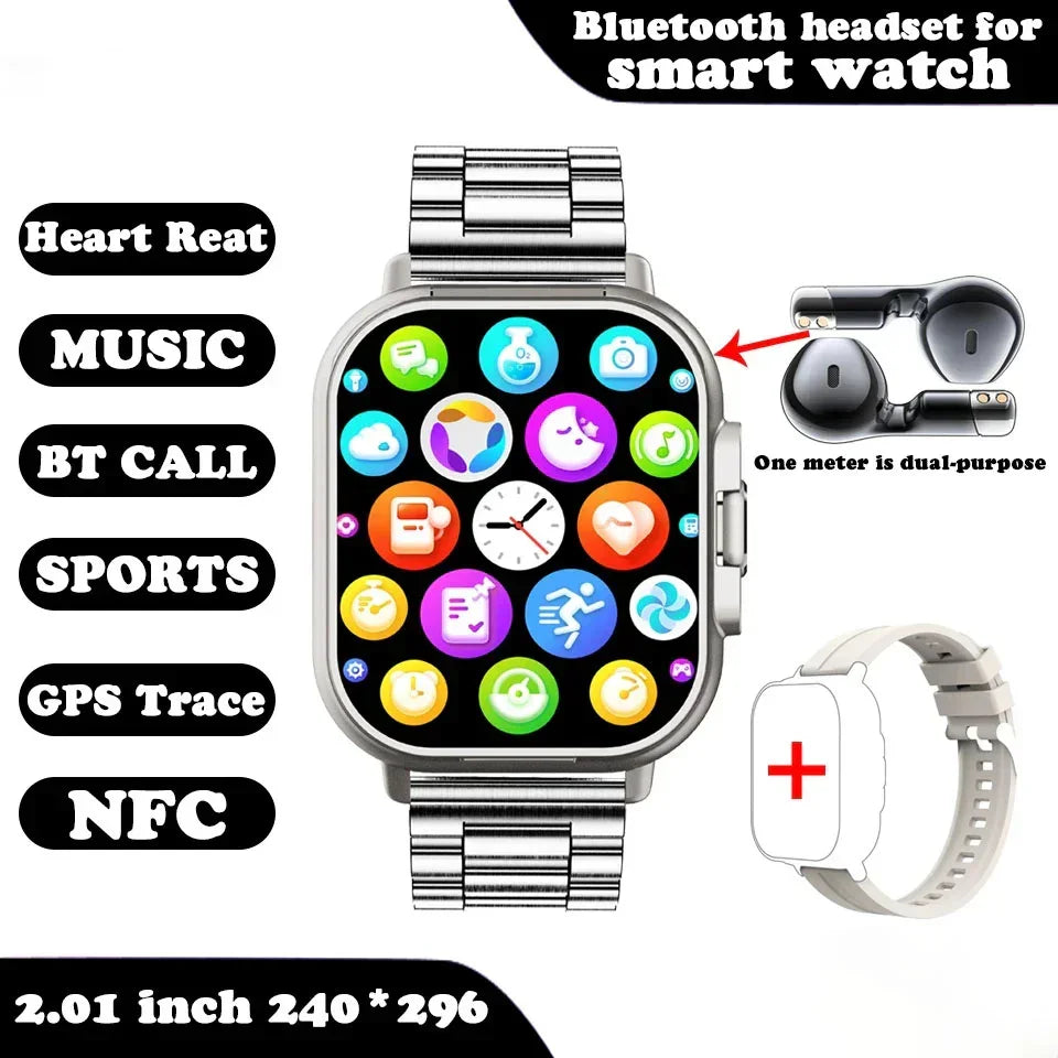 Futuristic silver metal smartwatch with large color touchscreen, fitness and health tracking features, and dual-purpose Bluetooth headset.
