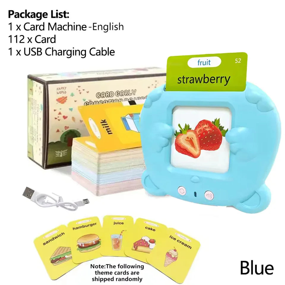 Blue electronic flash card reader with colorful vocabulary cards for kids, USB cable included.