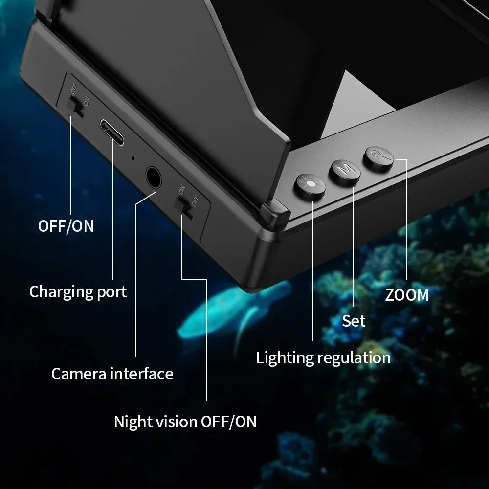 Close-up of black tech device controls showing ports, night vision, zoom and lighting buttons.
