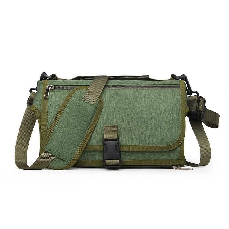 Olive green crossbody messenger bag with adjustable strap, front buckle, and zip pockets