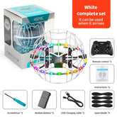 White remote control drone ball with LED lights, protective cage, and accessory set included.