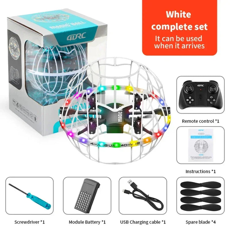 White remote control drone ball with LED lights, protective cage, and accessory set included.