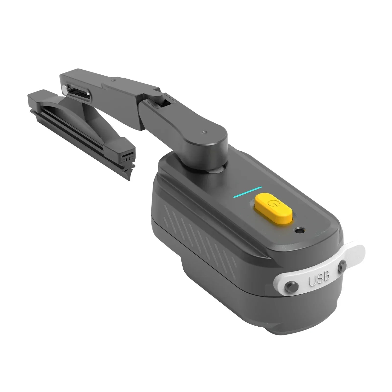 Sleek gray portable USB gadget with folding arm, yellow power button, and modern tech design