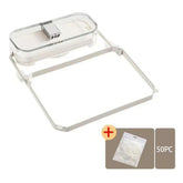 Clear and white plastic trash bag holder with rectangular lid and 50 disposable bags included