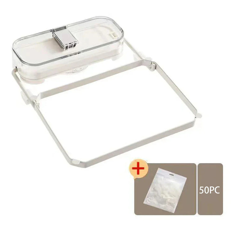 Clear and white plastic trash bag holder with rectangular lid and 50 disposable bags included