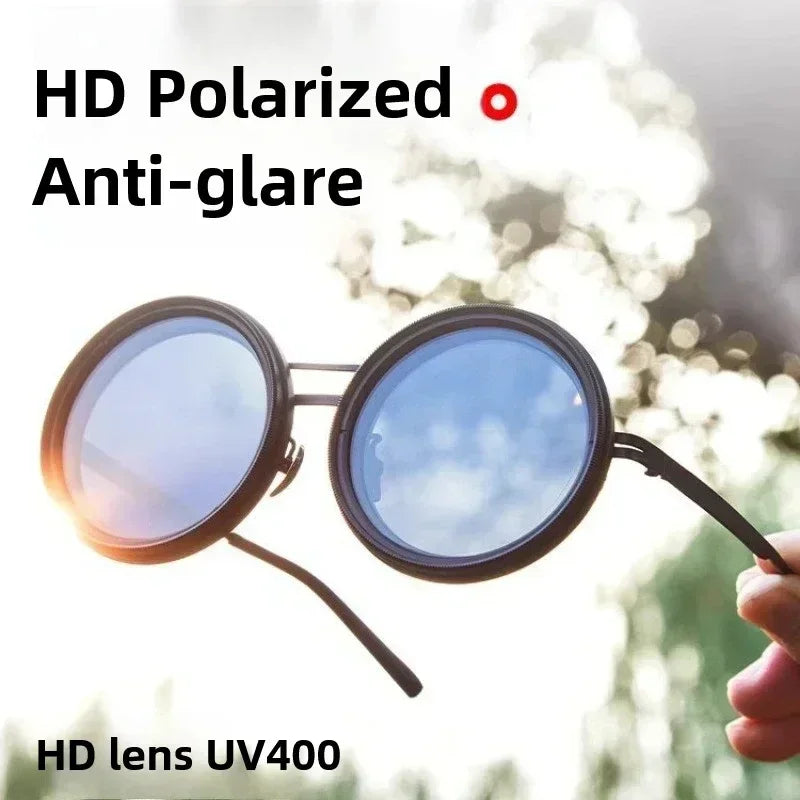 Round black sunglasses with blue HD polarized UV400 lenses, anti-glare streetwear style