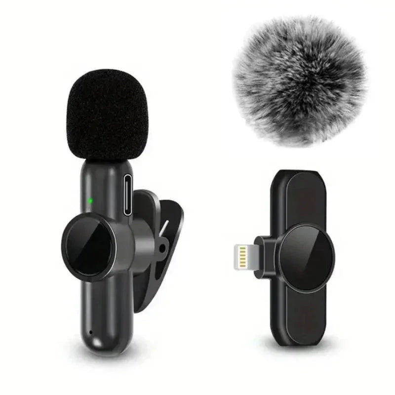 Wireless clip-on microphone set with black windscreen and lightning adapter, includes furry wind cover.