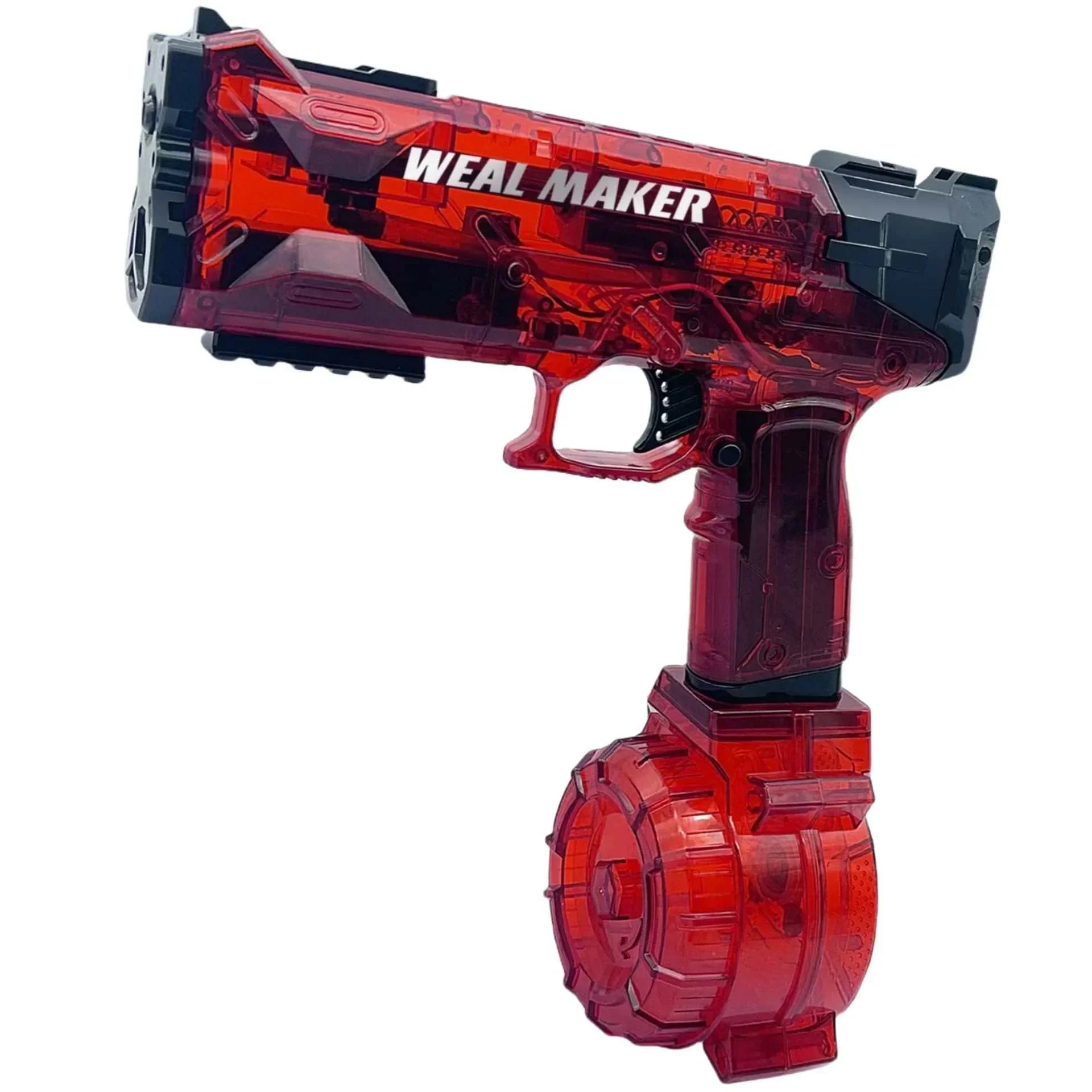 Red translucent plastic toy gun with futuristic design and drum magazine