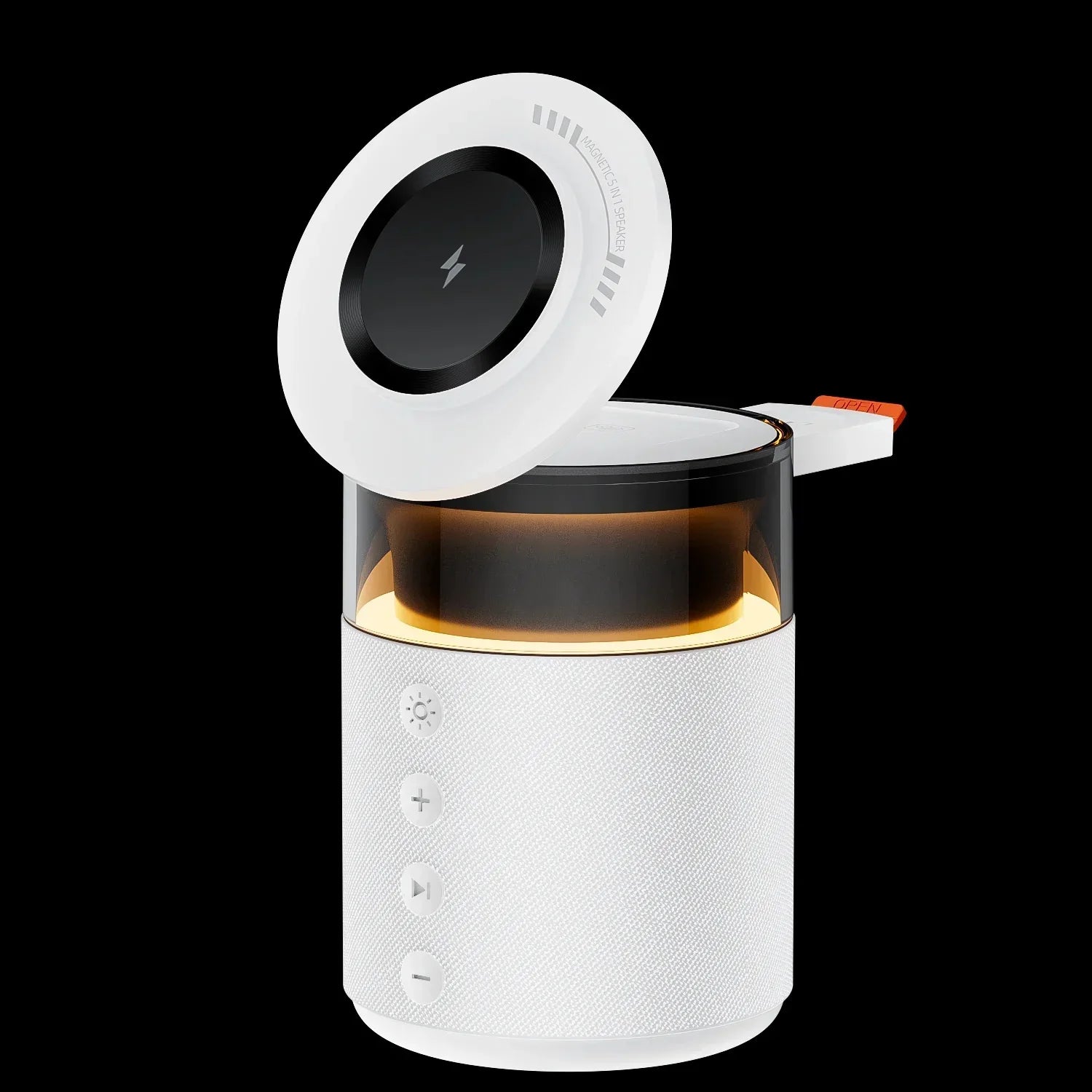 Futuristic white cylindrical tech accessory with LED light and touch controls
