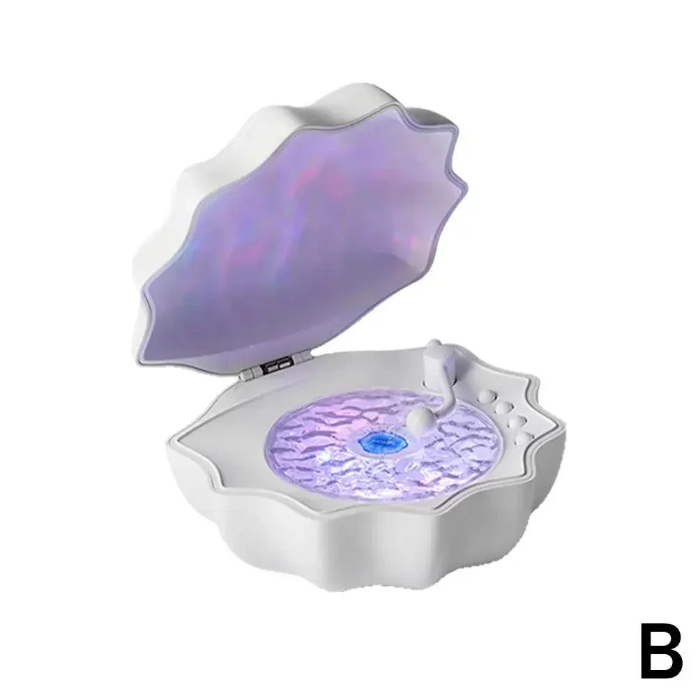 White shell-shaped lamp with iridescent interior and purple LED light, modern decor accessory