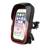 Black and red waterproof phone holder with sun visor and zipper, mounted for bikes or motorcycles