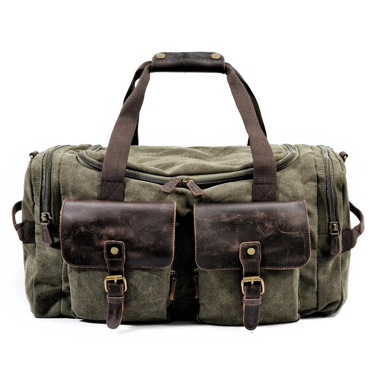Olive green canvas duffel bag with brown leather pockets and adjustable straps
