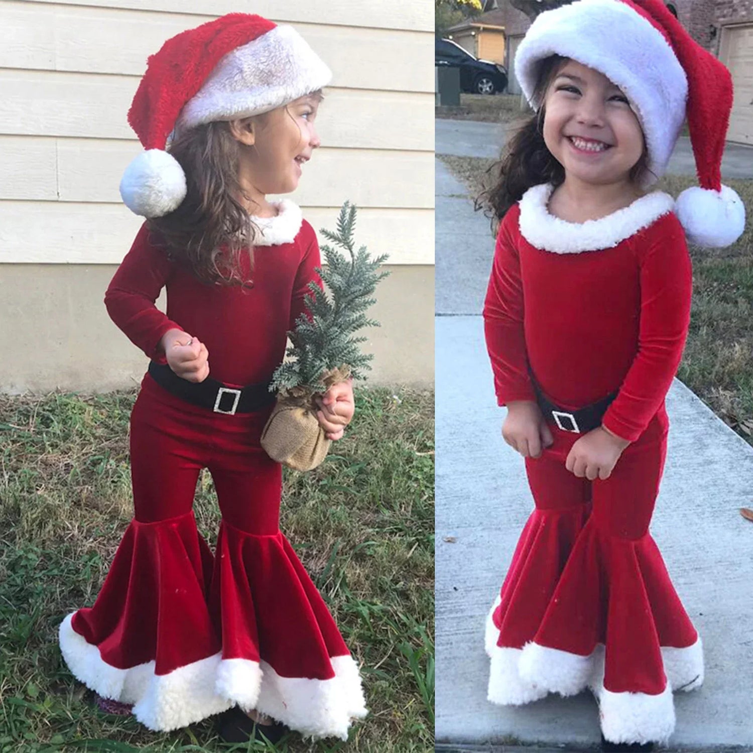Toddler in red velvet Santa-inspired jumpsuit with flared legs, faux fur trim, and santa hat