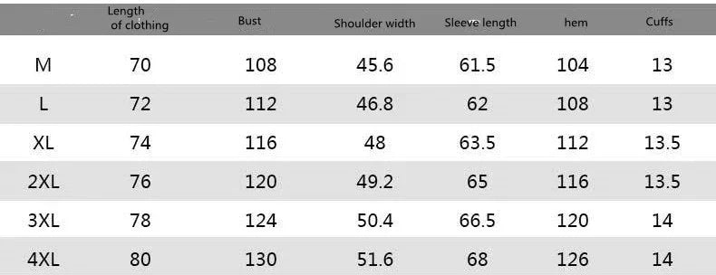 Size chart for streetwear jacket showing measurements for bust, shoulder, sleeve, hem, and cuffs.