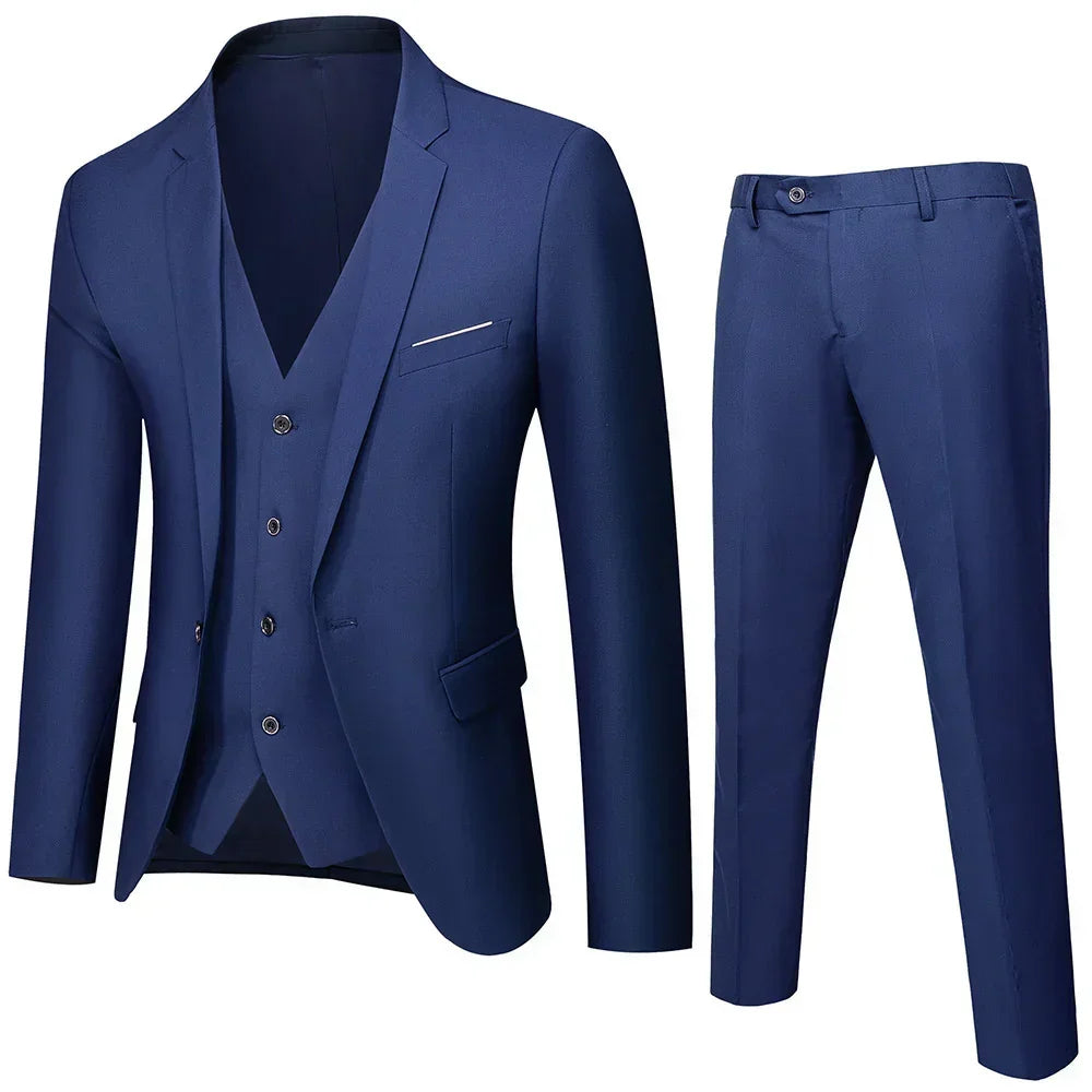 Slim fit royal blue suit with blazer, vest, and pants in smooth woven fabric