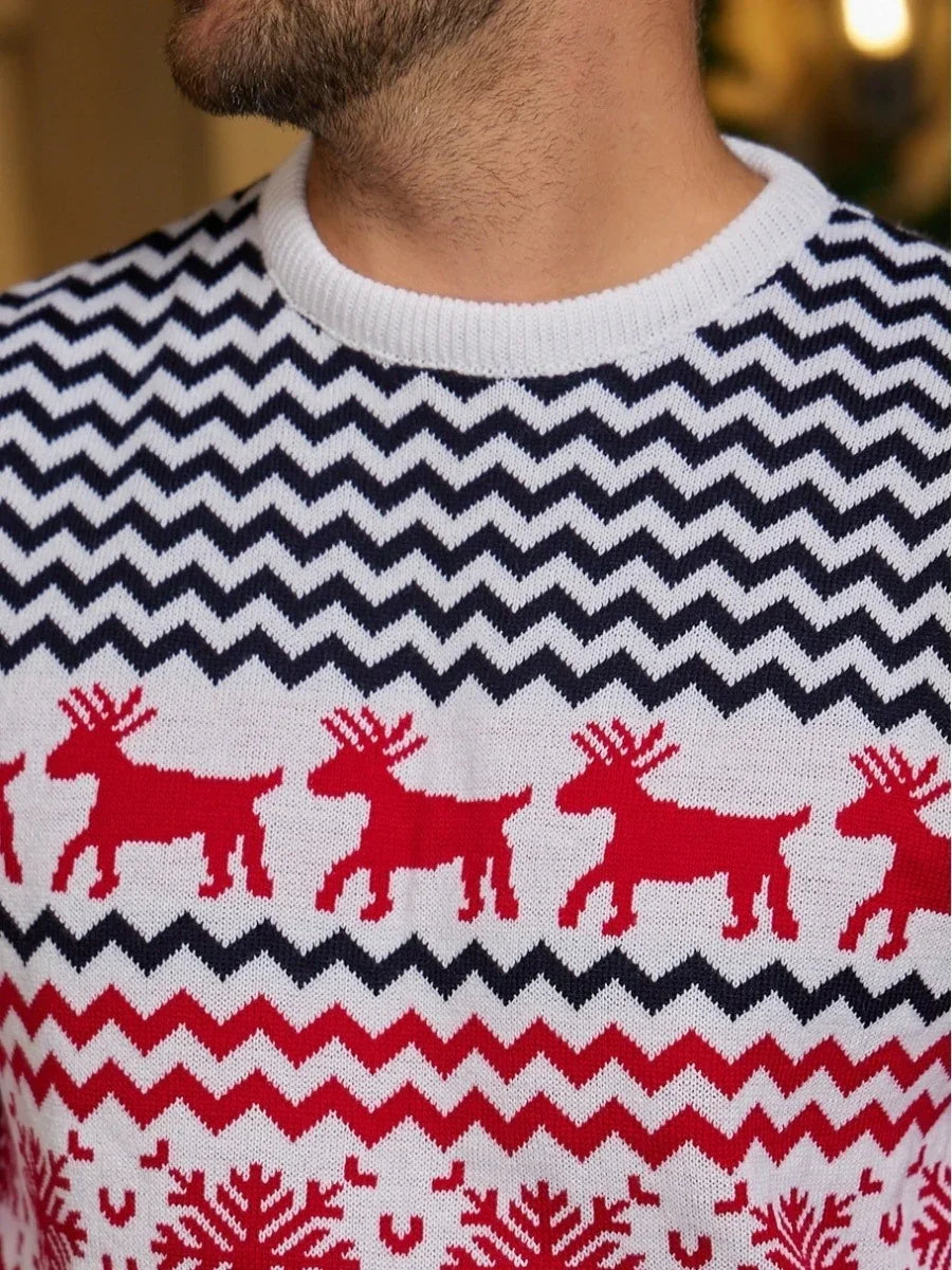 Close-up of men's knit sweater with black and white zigzag pattern and red reindeer design